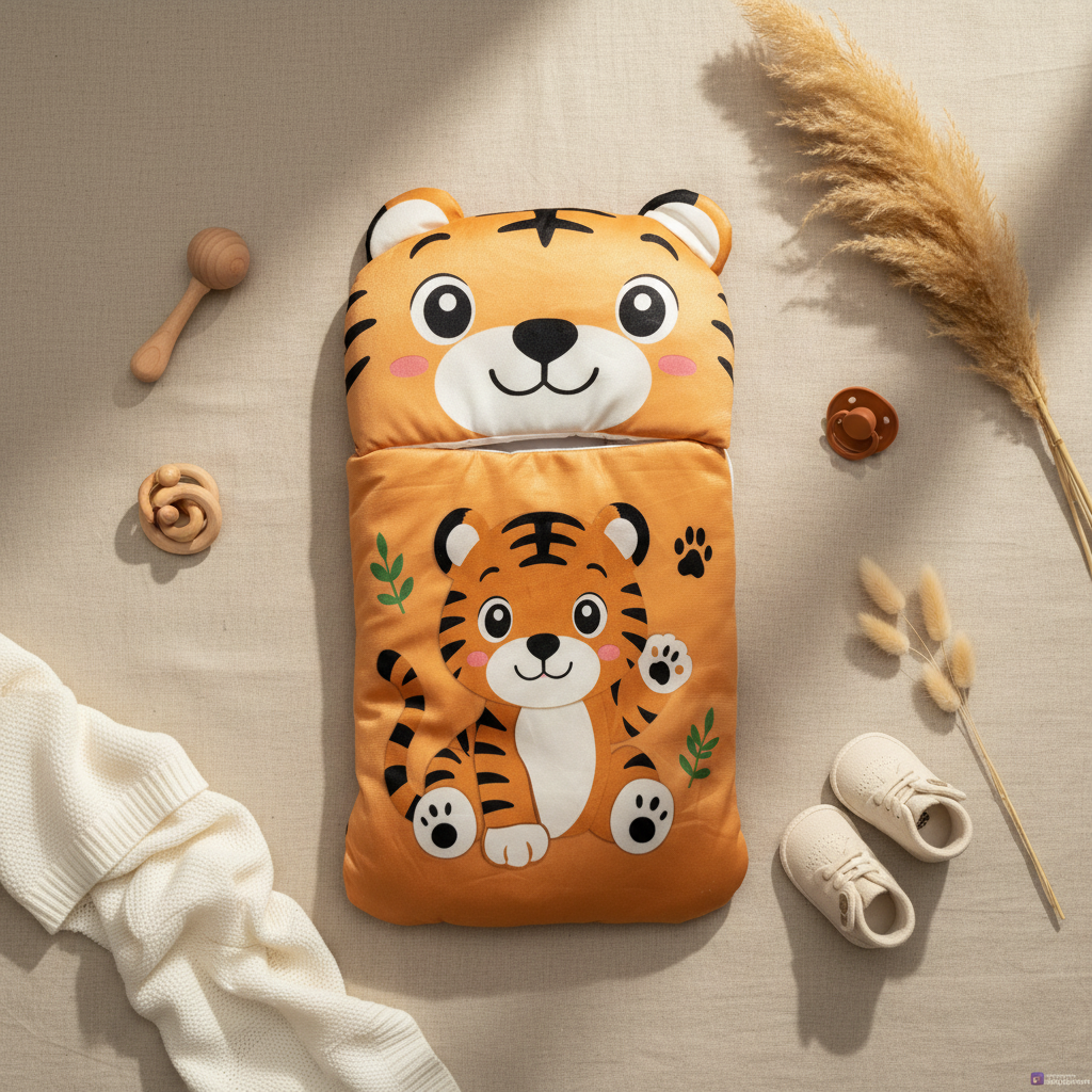 Tiger baby nest sleeping bag – lifestyle flat lay with baby accessories