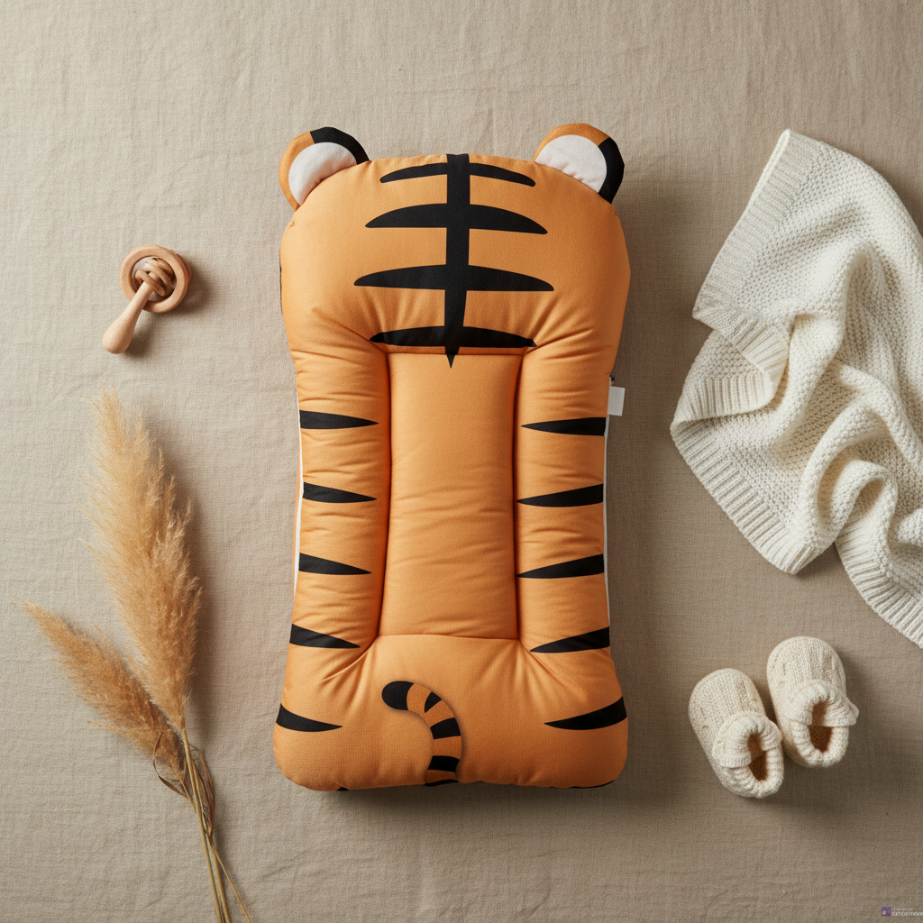 Tiger baby nest – lifestyle flat lay back view showing full tiger design