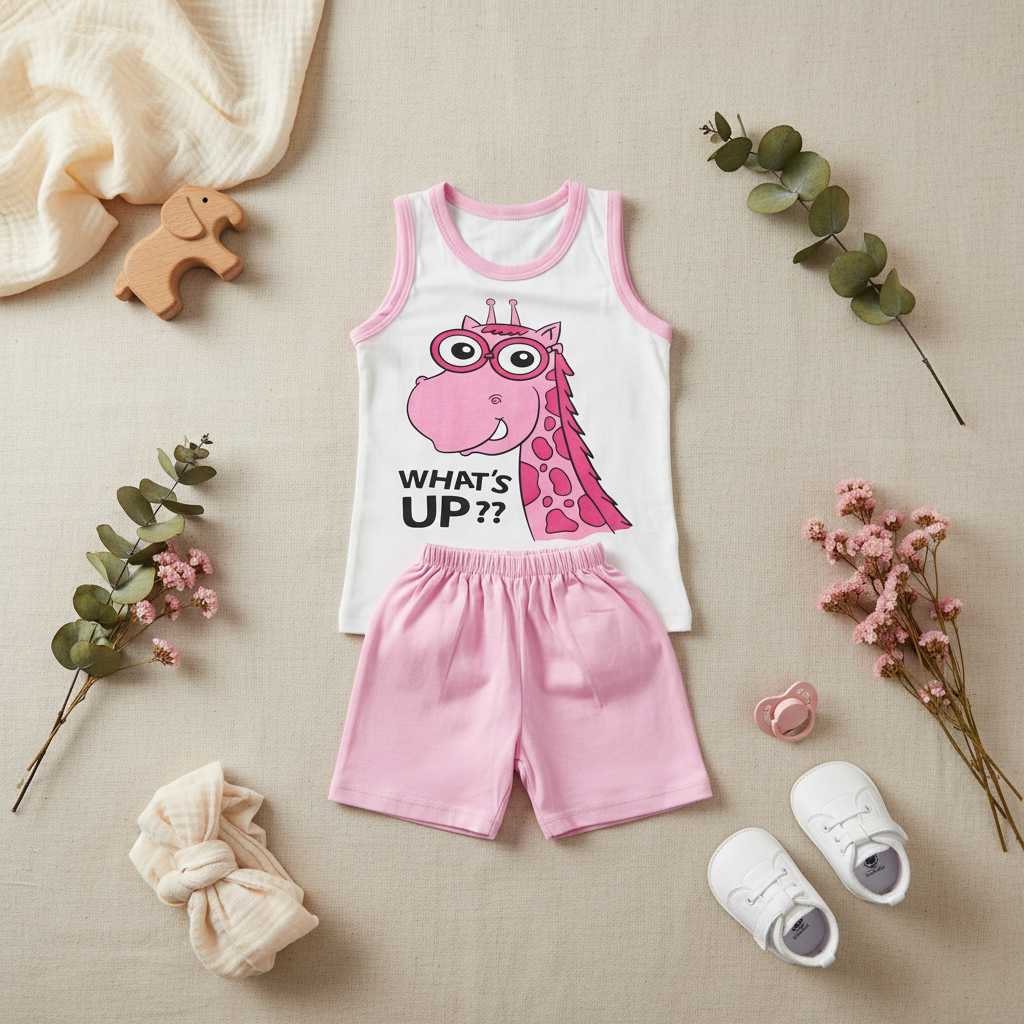 What's Up Giraffe Baby Girl Set - lifestyle flat lay with baby shoes flowers and pacifier