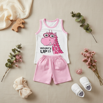 What's Up Giraffe Baby Girl Set - lifestyle flat lay with baby shoes flowers and pacifier