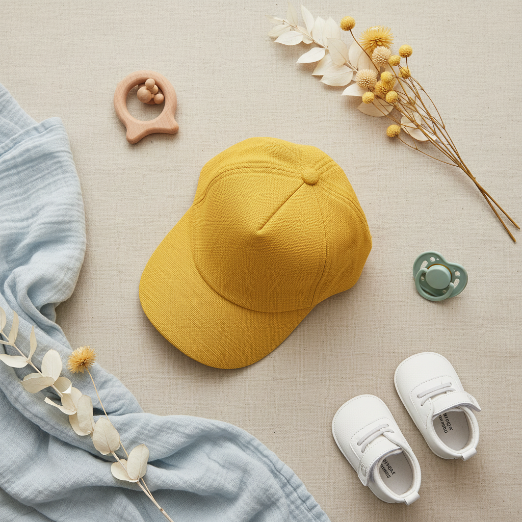Mustard Yellow Textured Linen Baby Baseball Cap - lifestyle flat lay top view with baby shoes pacifier wooden teether and dried yellow flowers on linen