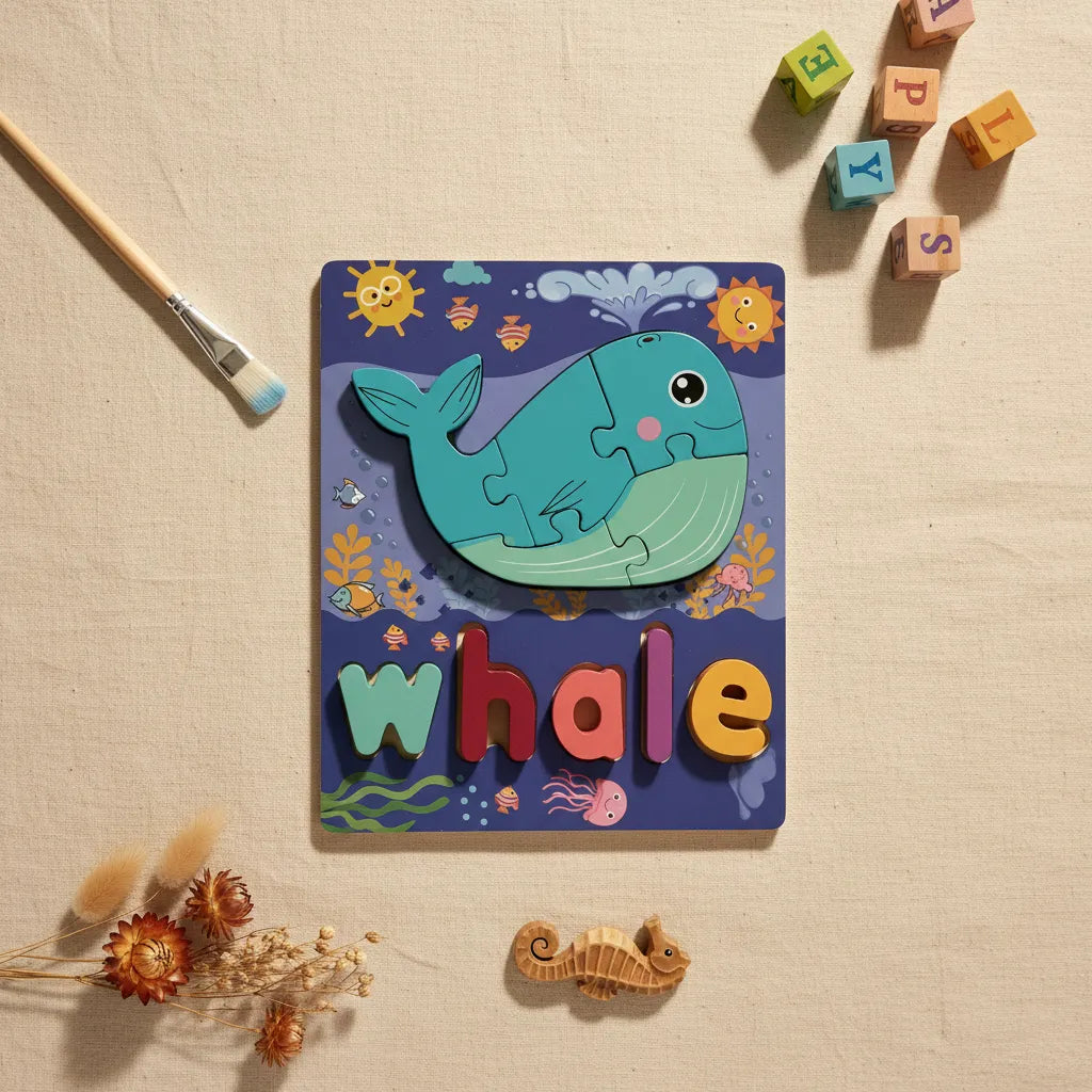 3D Wooden Word Puzzle Whale design showing teal whale puzzle pieces over deep ocean illustrated board with colourful W-H-A-L-E letter tiles on beige background with wooden seahorse toy and alphabet blocks