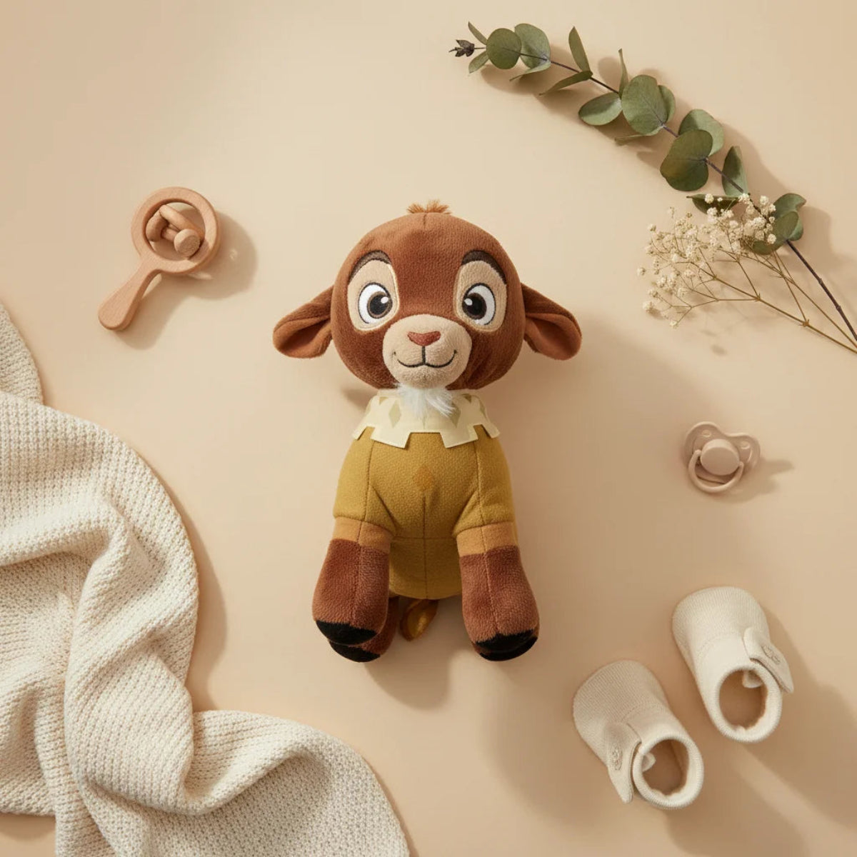 Bambi the Baby Goat plush toy flat lay with baby booties, pacifier and eucalyptus