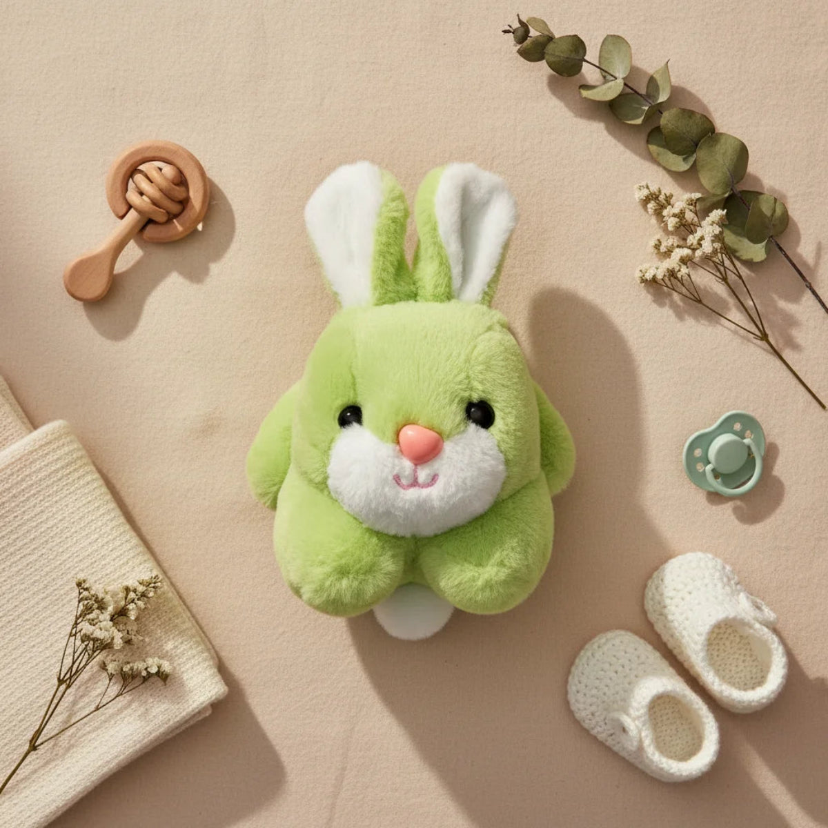 Clover the Green Bunny plush toy flat lay with baby booties, pacifier and eucalyptus