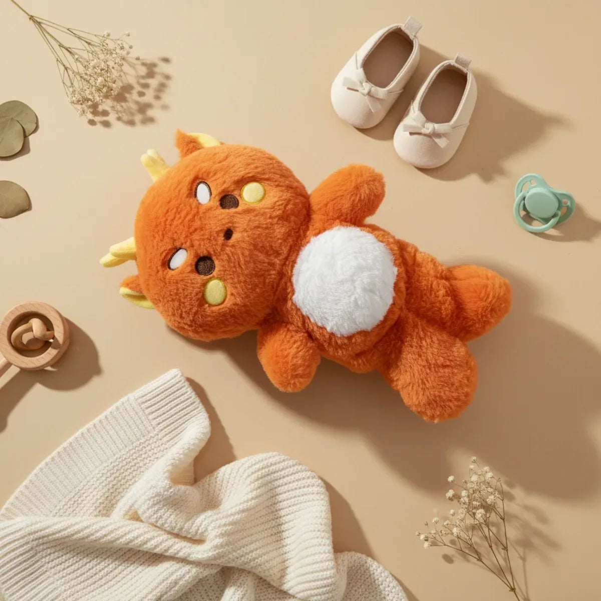 Ember the Orange Dragon plush toy flat lay with baby shoes, pacifier and dried flowers
