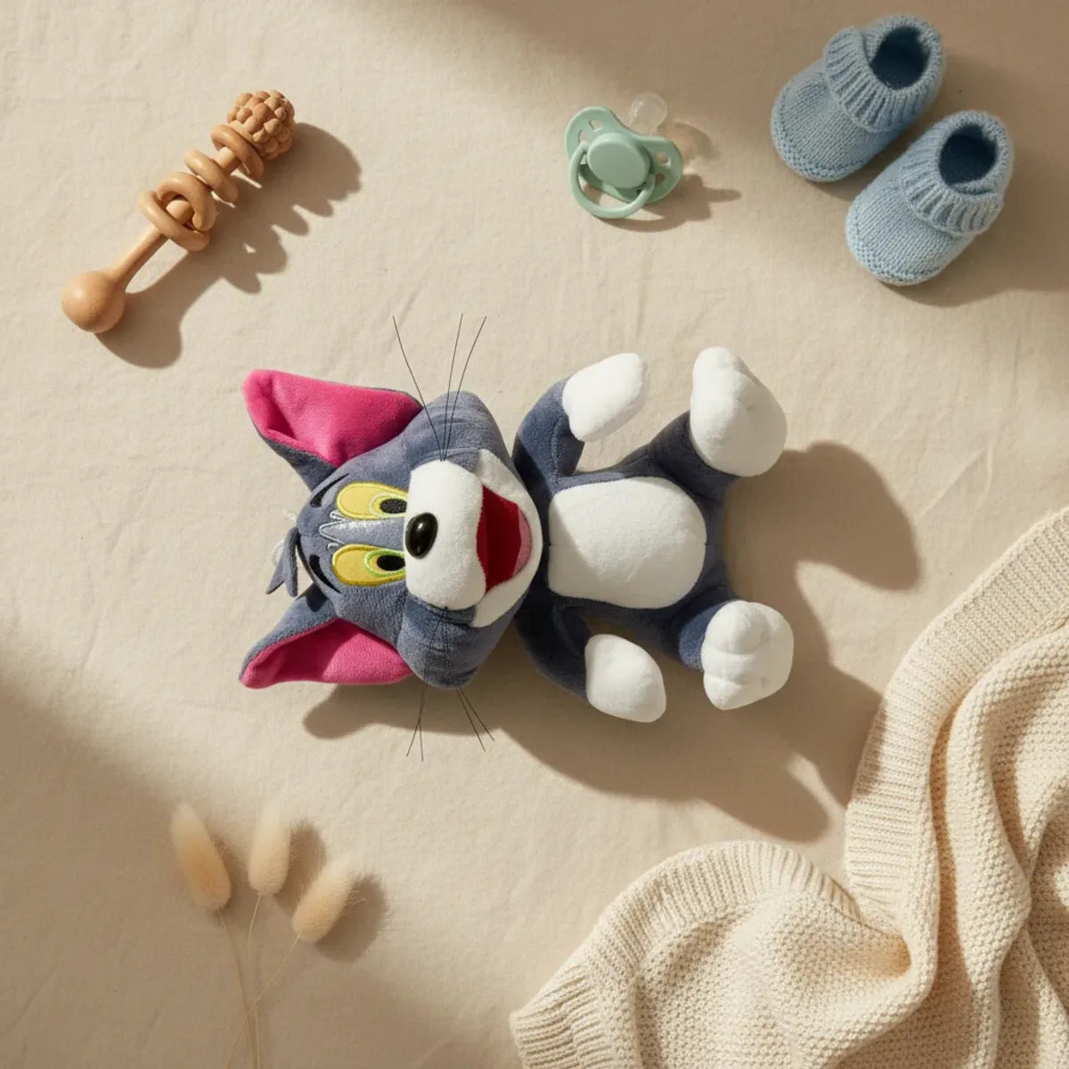 Whiskers grey cartoon cat plush toy flat lay with baby shoes and pacifier