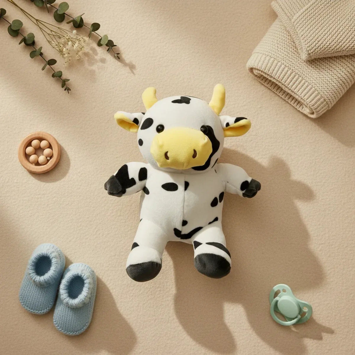 Daisy the Spotty Cow plush toy flat lay with baby booties pacifier and eucalyptus