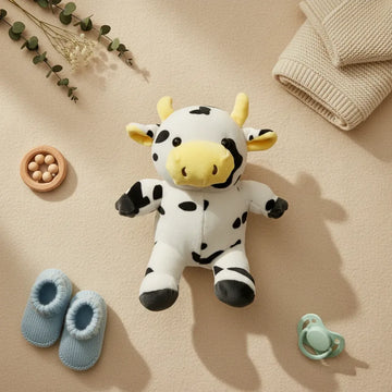 Daisy the Spotty Cow plush toy flat lay with baby booties pacifier and eucalyptus