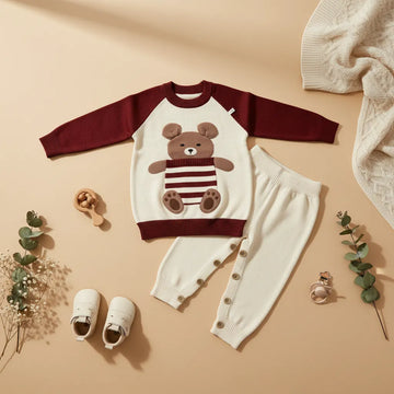 Teddy Bear Raglan Knit Set flat lay showing cream sweater with burgundy sleeves and teddy applique paired with cream knit trousers on beige background