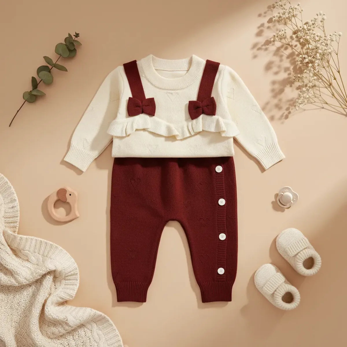 Bow and Ruffle Knit Set flat lay showing cream ruffle bow sweater and burgundy knit trousers with pearl buttons on beige background