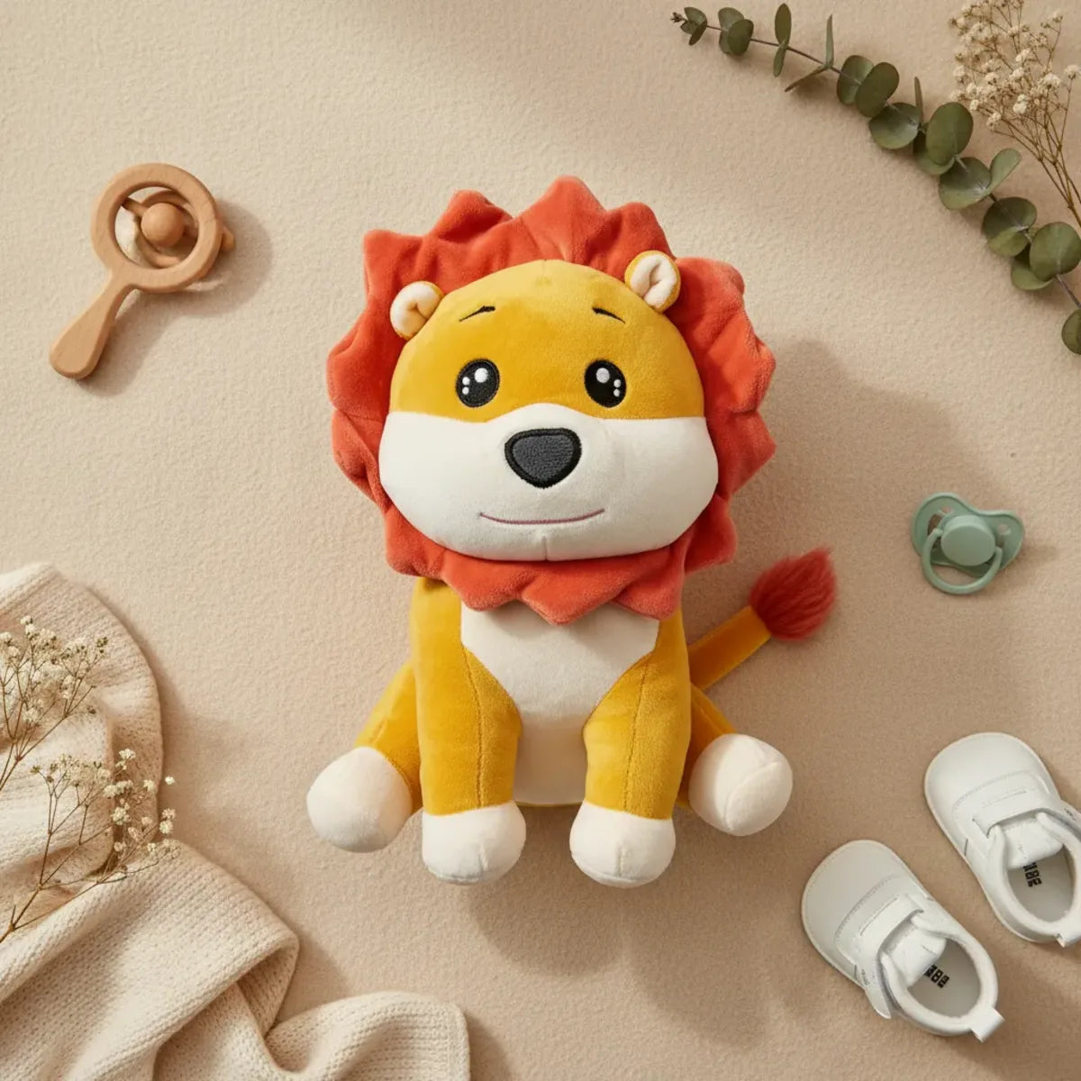Roary the Cartoon Lion Cub plush toy flat lay with wooden rattle baby shoes pacifier and eucalyptus on beige background
