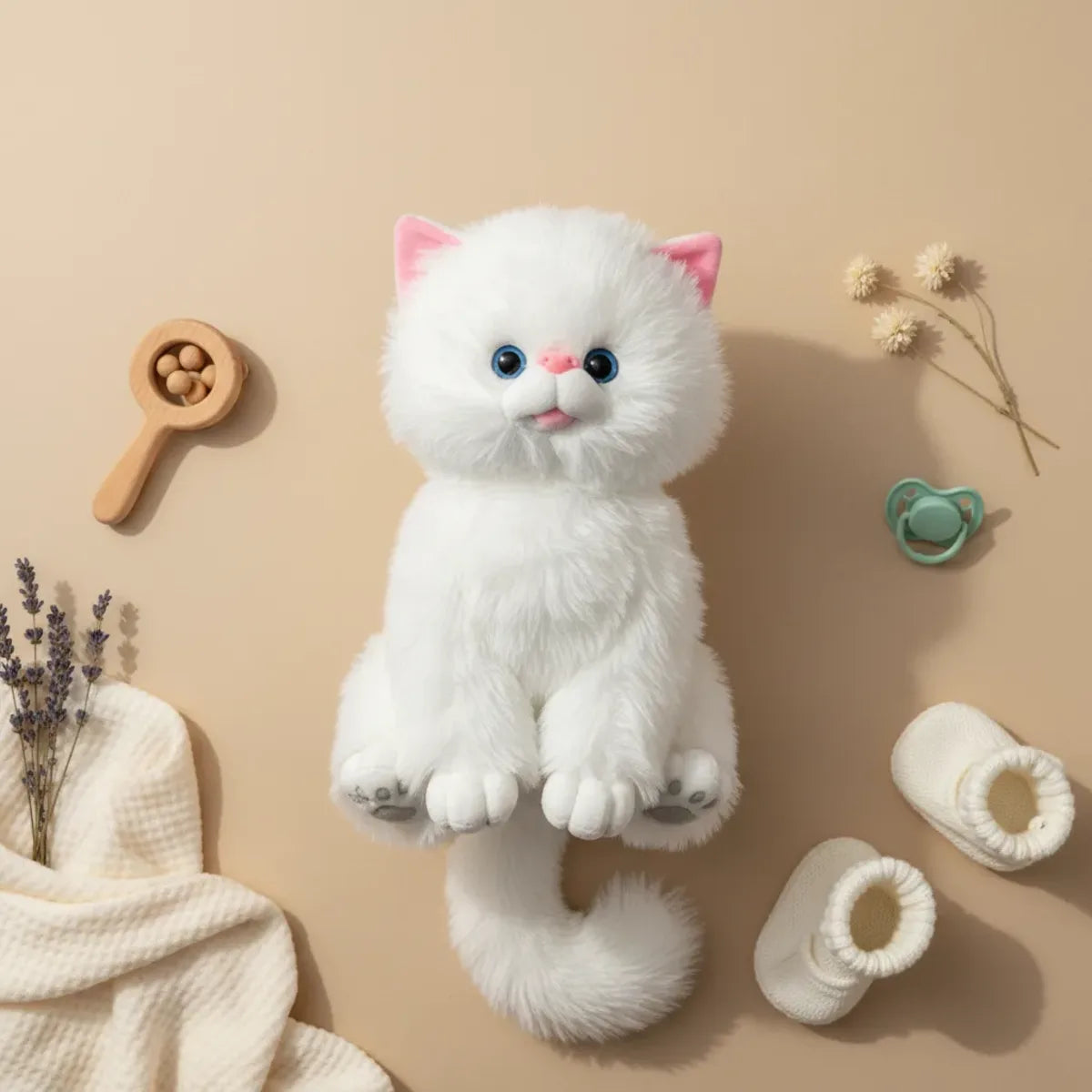 Snowflake the Persian Kitten plush toy flat lay with wooden rattle white baby booties pacifier and lavender sprigs on beige background