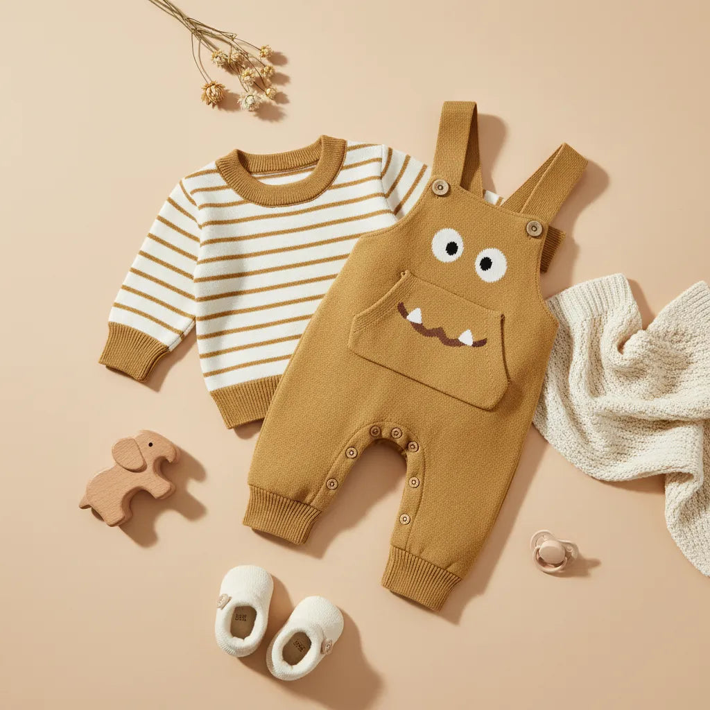 Little Monster Knit Dungaree Set laid out showing sweater and dungarees separately with wooden elephant toy baby shoes pacifier and dried flowers