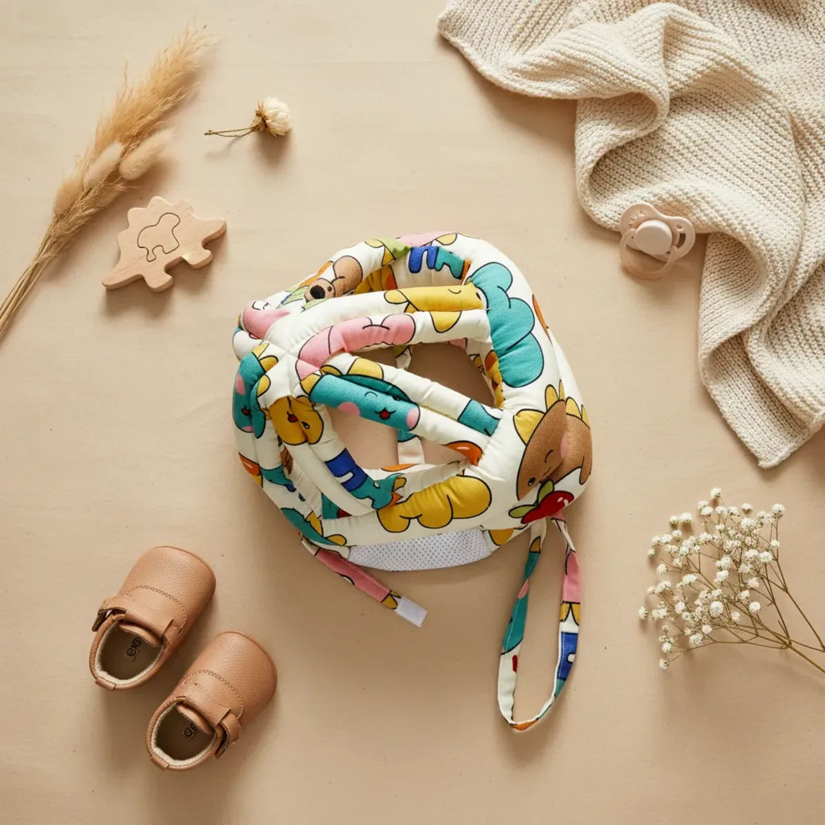 Happy Bears Baby Safety Helmet flat lay with baby shoes pacifier wooden puzzle piece pampas grass and white flowers on beige background