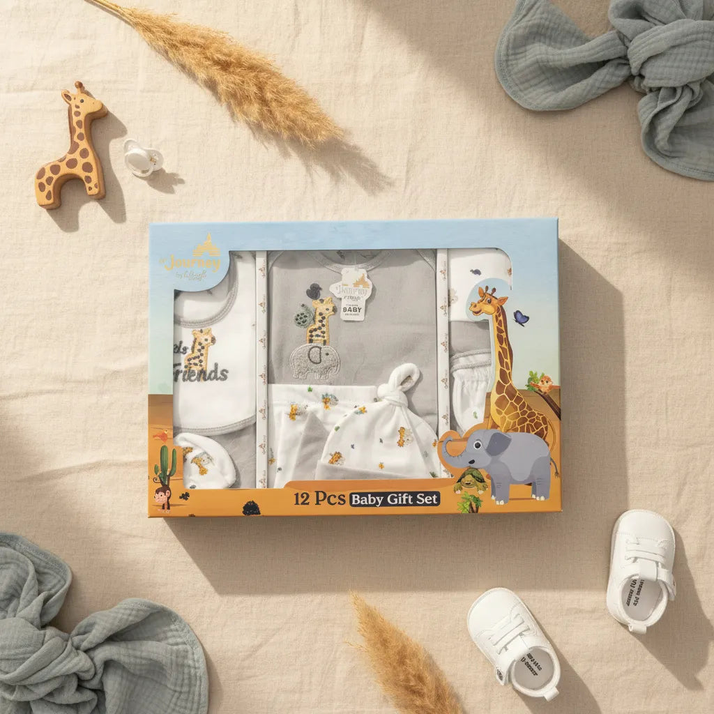 Safari Friends 12 Piece Baby Gift Set in illustrated safari gift box with clear window showing grey and white cotton bodysuit trousers bib hat mittens and booties on beige background with pampas grass wooden giraffe toy and white sneakers