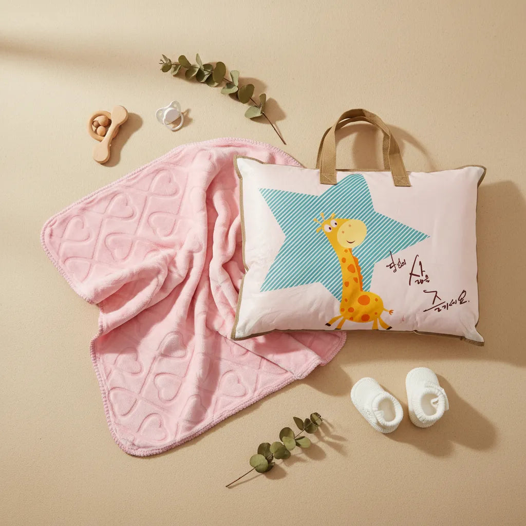 Giraffe Star Baby Gift Set flat lay with pink blanket unfolded and giraffe star cushion with baby shoes wooden rattle pacifier and eucalyptus on beige background