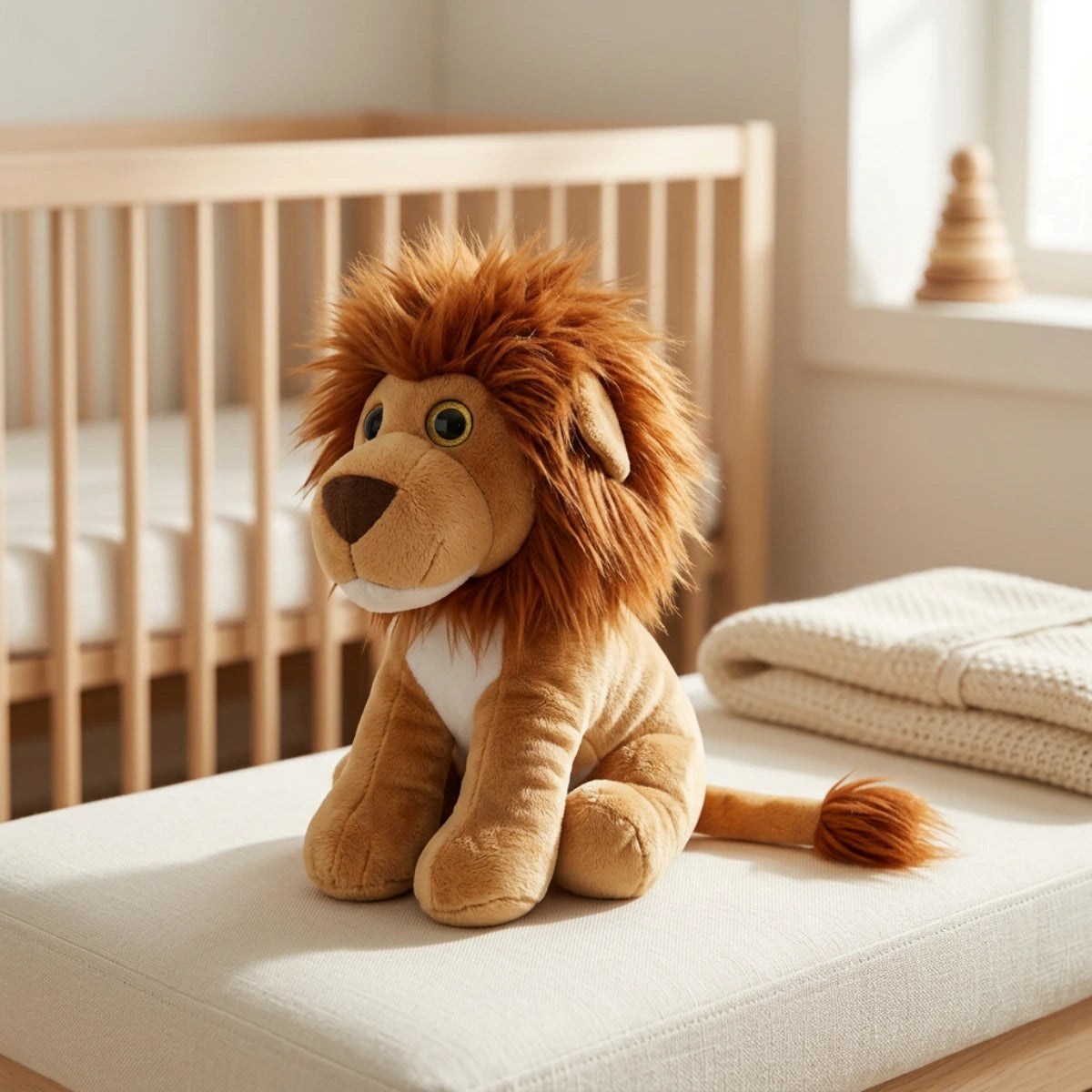 Seated lion plush with a brown shaggy mane in a softly lit nursery