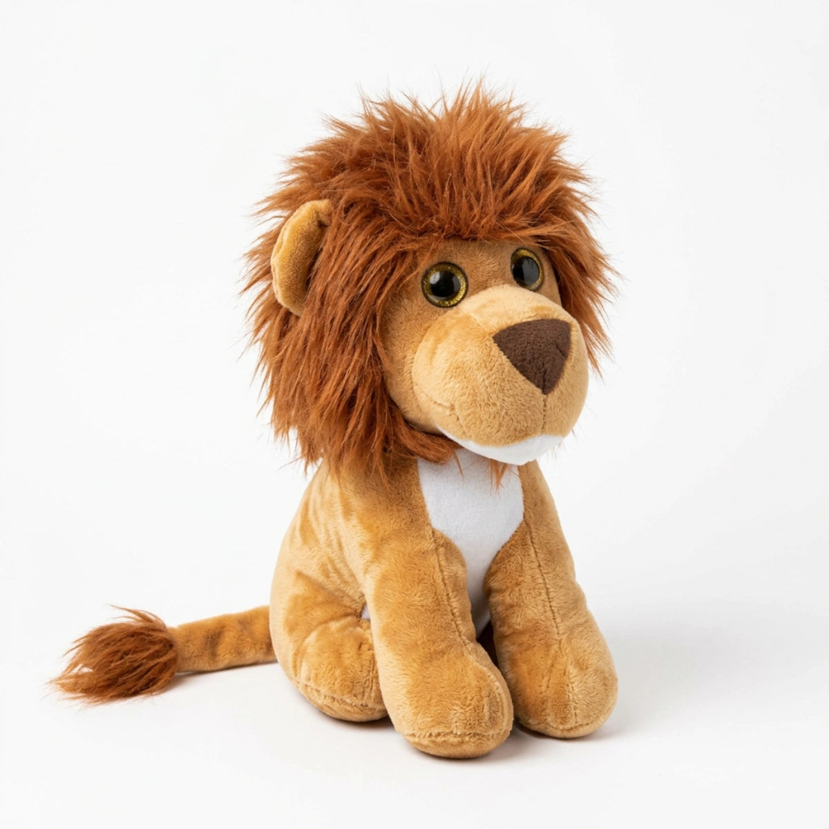 Golden-brown seated lion plush with a shaggy mane and tufted tail on white