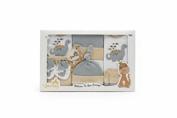 Little Dino Newborn Gift Set in beige colour in illustrated gift box with clear window on white background