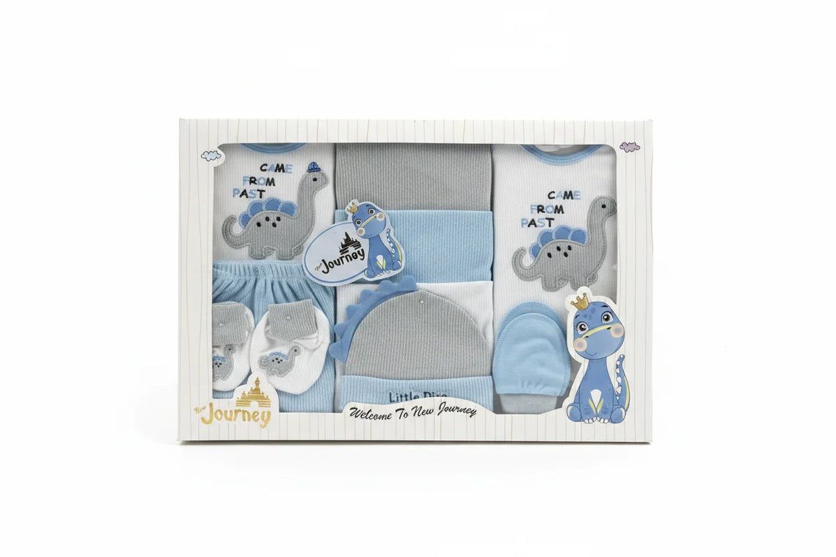 Little Dino Newborn Gift Set in blue colour in illustrated gift box with clear window on white background