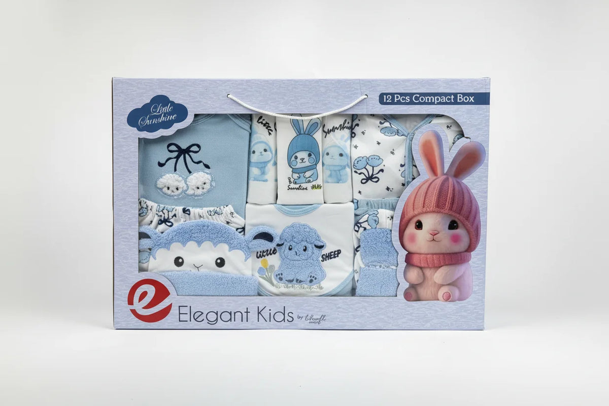 Little Sunshine Newborn Gift Set blue 12 piece compact box landscape view showing Elegant Kids branding and full set through window