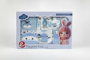 Little Sunshine Newborn Gift Set blue 12 piece compact box landscape view showing Elegant Kids branding and full set through window