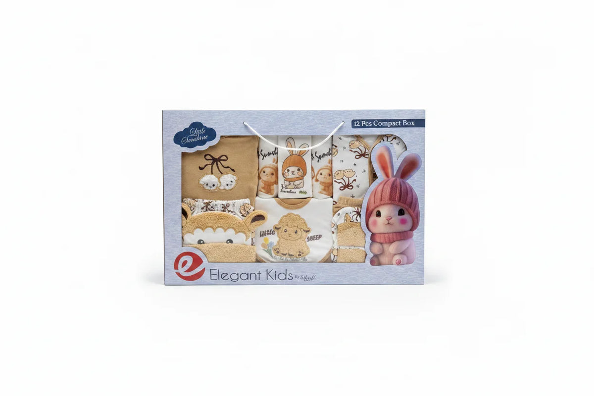 Little Sunshine Newborn Gift Set mustard 12 piece compact box by Elegant Kids showing full clothing set with sheep bodysuit sleepsuit bib hat mittens and booties