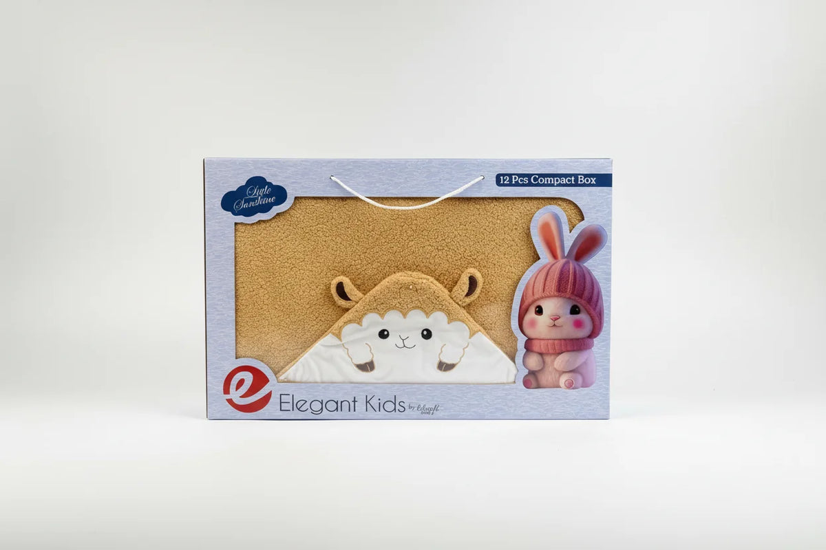 Little Sunshine Little Sheep mustard hooded bath towel in Elegant Kids gift box on white background
