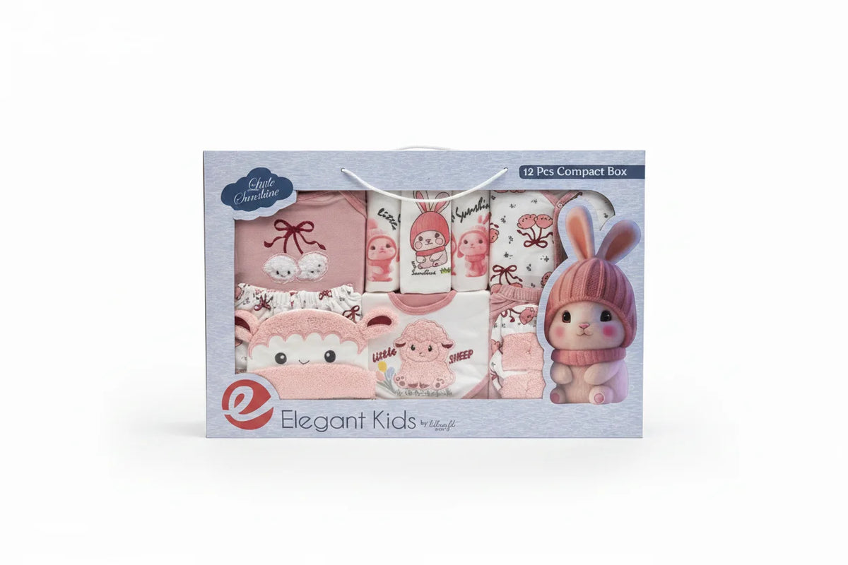 Little Sunshine Newborn Gift Set pink 12 piece compact box by Elegant Kids showing full clothing set with sheep bodysuit sleepsuit bib hat mittens and booties
