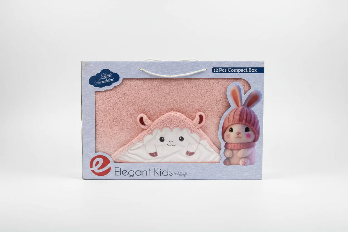 Little Sunshine Little Sheep pink hooded bath towel in Elegant Kids gift box on white background