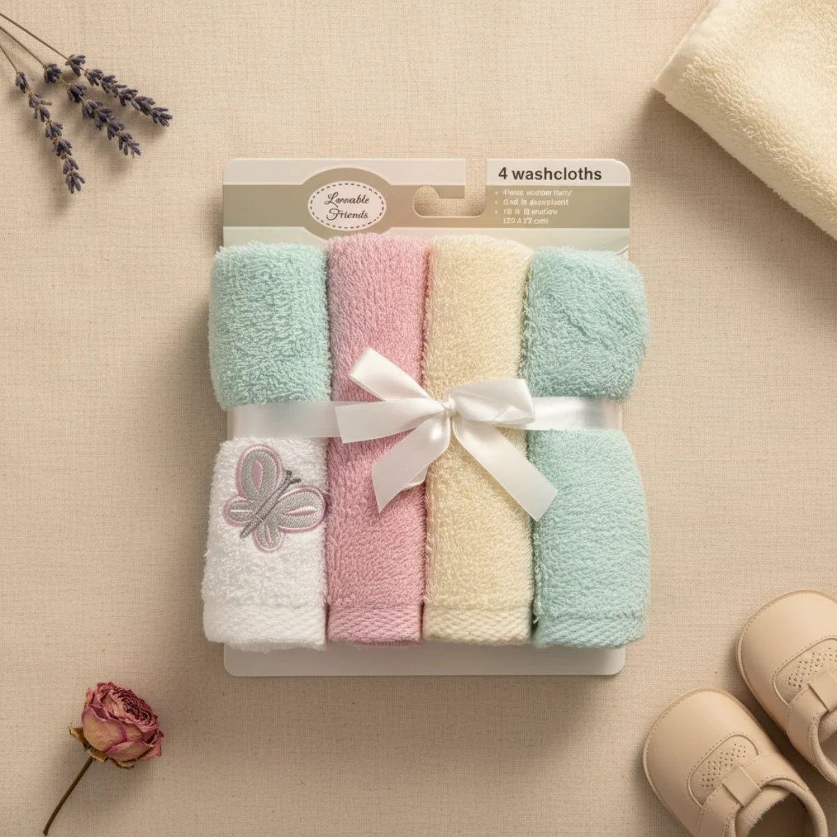 Lovable Friends baby girl washcloth set of 4 flat lay from above on cream linen background showing four rolled cotton terry washcloths in mint green blush pink cream ivory and white tied with white satin ribbon bow with embroidered grey butterfly on white cloth in retail packaging beside dried lavender rose stem and cream baby shoes