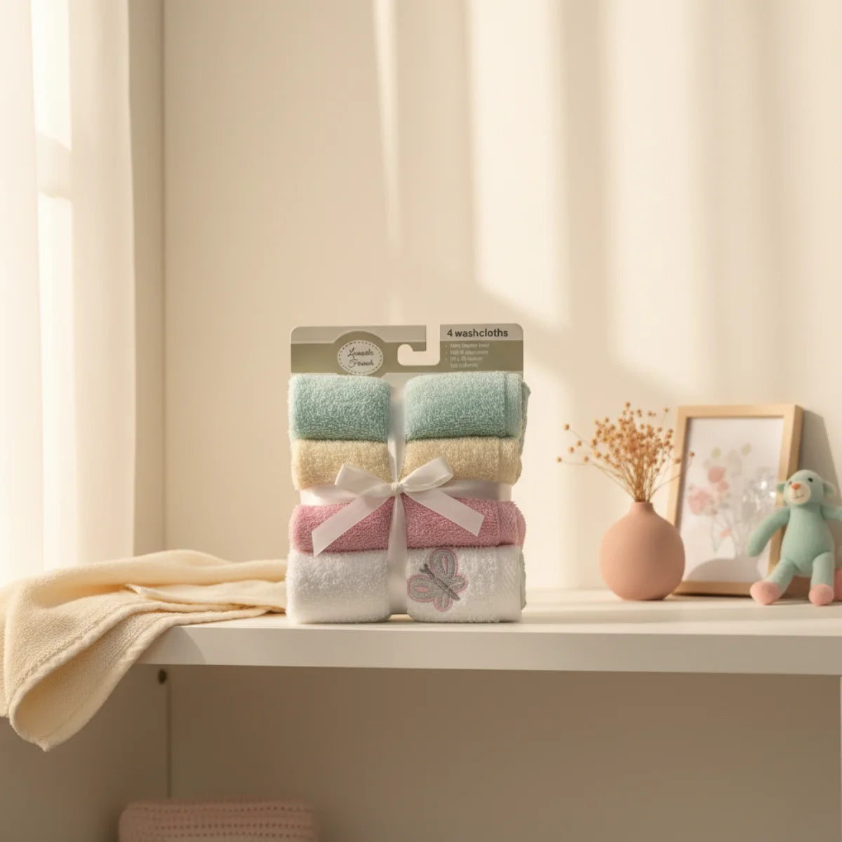 Lovable Friends baby girl washcloth set of 4 nursery scene standing on white shelf in warm cream sunlit nursery room showing four rolled washcloths in white blush pink cream and mint green tied with white satin bow with embroidered grey butterfly beside cream knit blanket pink ceramic vase with dried flowers framed pastel nursery art print and mint green plush toy rabbit