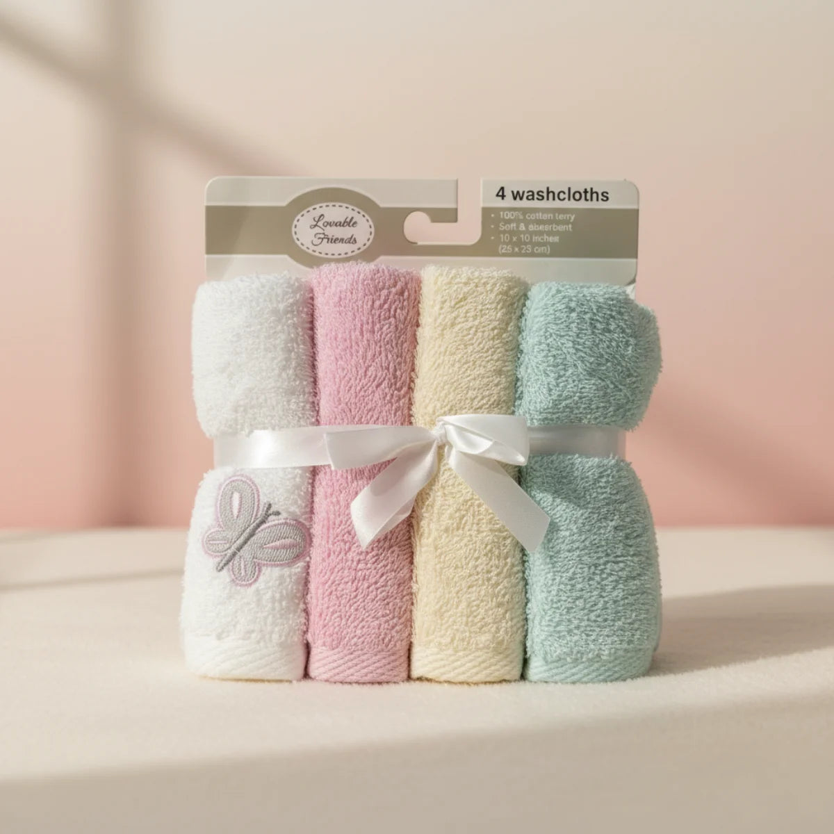 Lovable Friends baby girl washcloth set of 4 studio scene on soft blush pink background showing four rolled cotton terry washcloths in white blush pink cream ivory and mint green tied with white satin ribbon bow with embroidered grey butterfly applique on white cloth in retail header card packaging