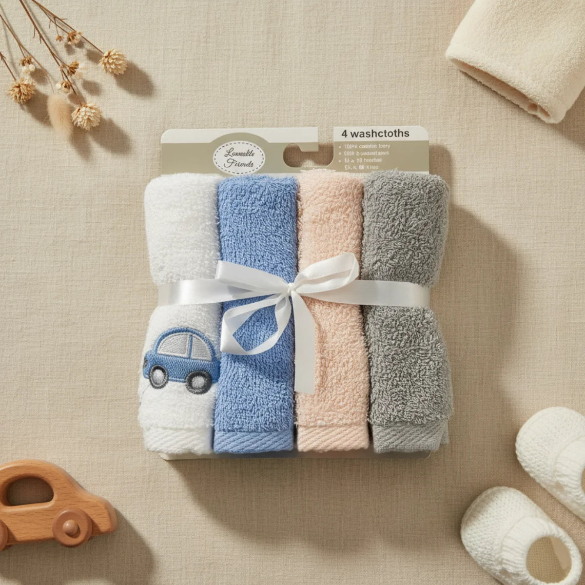 Lovable Friends baby washcloth set of 4 flat lay from above on cream linen background showing four rolled cotton terry washcloths in white sky blue blush pink and grey tied with white satin ribbon bow with embroidered navy car detail in retail packaging beside wooden car toy white knit baby booties cream folded towel and dried pampas grass stems