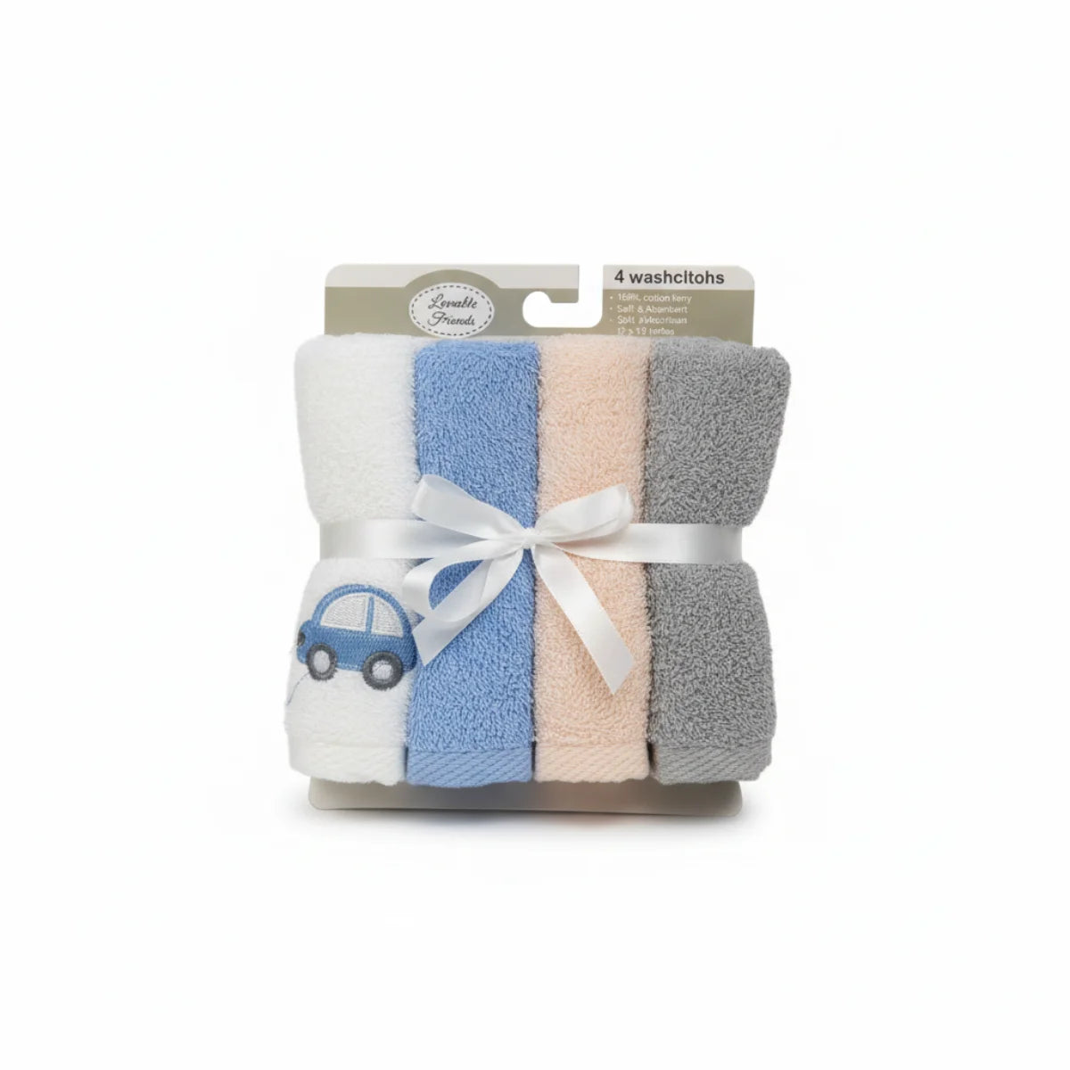 Lovable Friends baby washcloth set of 4 hero shot on white background showing four rolled cotton terry washcloths in white sky blue blush pink and grey tied with white satin ribbon bow with embroidered navy car applique on white cloth in retail header card packaging