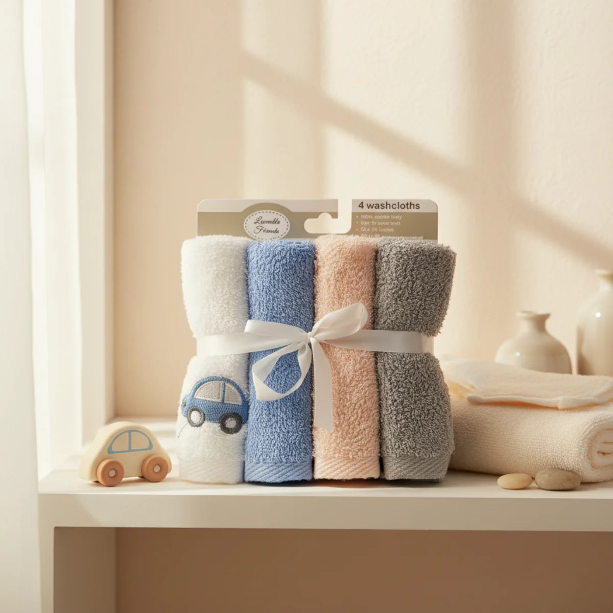 Lovable Friends baby washcloth set of 4 nursery scene on white bathroom shelf in warm cream sunlit room showing four rolled washcloths in white sky blue blush pink and grey tied with white satin bow with embroidered navy car beside small wooden car toy white ceramic vase and cream rolled towels in soft window light