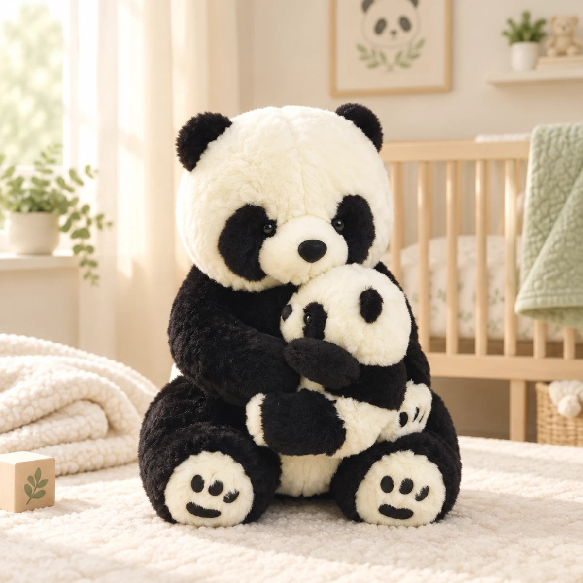 Mama and baby panda plush toy nursery scene sitting on white cot mattress in warm cream nursery room with sheer curtains wooden cot frame and panda leaf art print in wooden frame on wall showing large mama panda in bold black white plush with round white head jet-black eye patches cradling miniature baby panda cub with white chunky knit blanket folded beside and wooden leaf block on cot