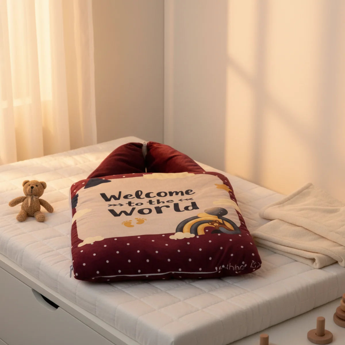Welcome to the World baby sleeping bag nursery scene sitting closed and propped on white cot mattress in warm cream bedroom with sheer curtains showing rich burgundy maroon quilted sleeping bag with white polka dot border and Welcome to the World illustrated panel beside small brown teddy bear cream folded towel and wooden Montessori peg toy