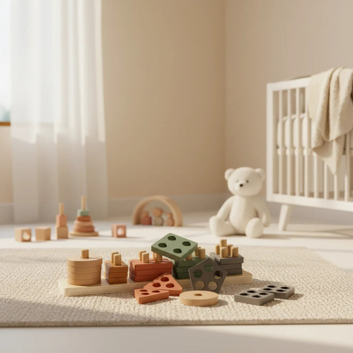 Montessori geometric shape sorter stacker wooden toy displayed in warm cream nursery room setting on white carpet with white cot teddy bear and wooden rainbow stacker in background