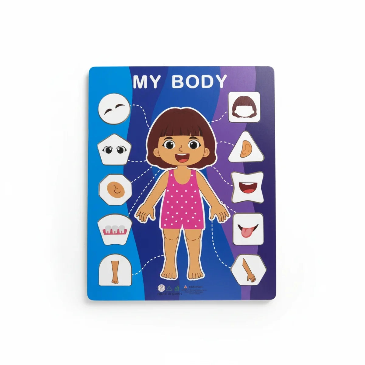 My Body wooden puzzle board girl version hero white background showing vivid blue purple gradient board with illustrated smiling girl pink polka dot outfit and 10 shaped lift-out body part pieces eye eyebrow ear nose teeth mouth tongue hand arm feet