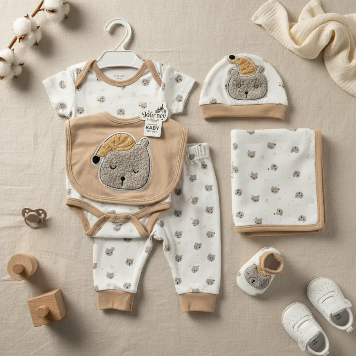 New Journey Sleeping Bear newborn gift set beige camel 5-piece flat lay showing white and warm camel trim all-over sleeping bear print bodysuit bib hat trousers and folded blanket on linen background with wooden blocks and white sneakers