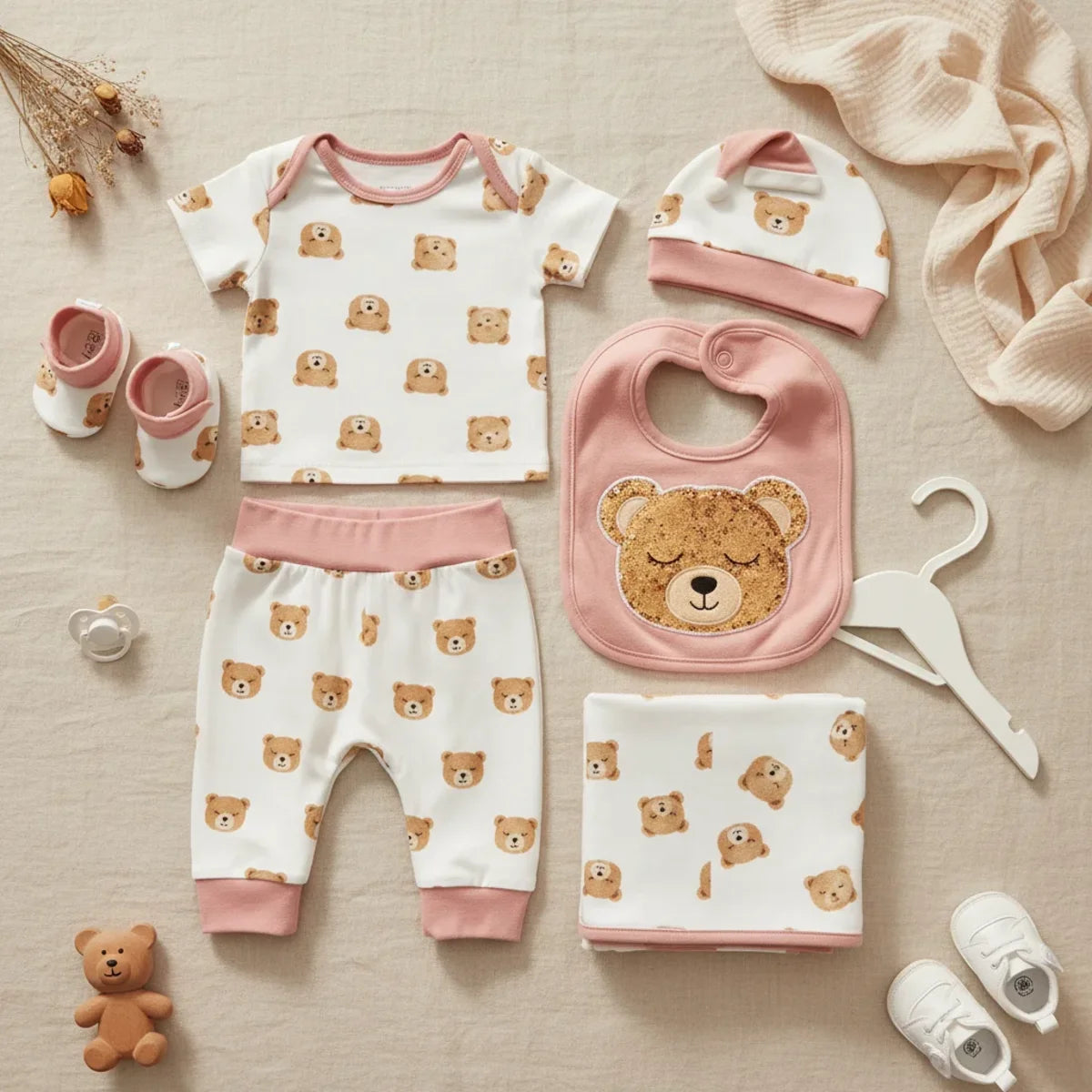 New Journey Sleeping Bear newborn gift set pink 5-piece flat lay showing white and blush pink trim all-over sleeping bear print t-shirt trousers pink 3D gold bear bib pink hat booties and all-over bear print folded blanket on linen background with small teddy bear and white sneakers