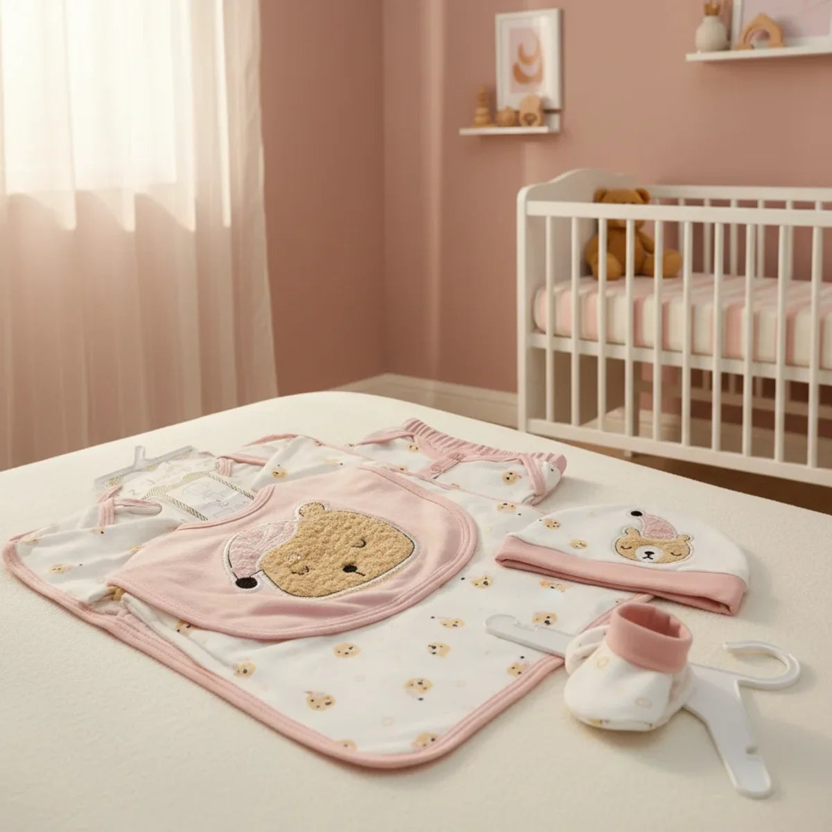 New Journey Sleeping Bear newborn gift set pink nursery lifestyle scene showing bodysuit with sleeping bear print hat bib booties and blanket laid on white bed in warm pink nursery with white cot and sheer curtains