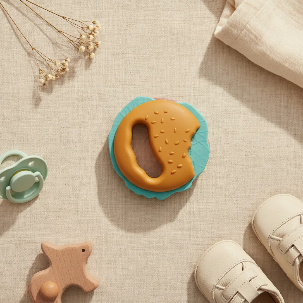 Burger silicone baby teether flat lay on linen background from above showing golden sesame bun top with ring handle teal wavy lettuce layer and mauve base with mint pacifier wooden fox teether white baby sneakers and dried flowers