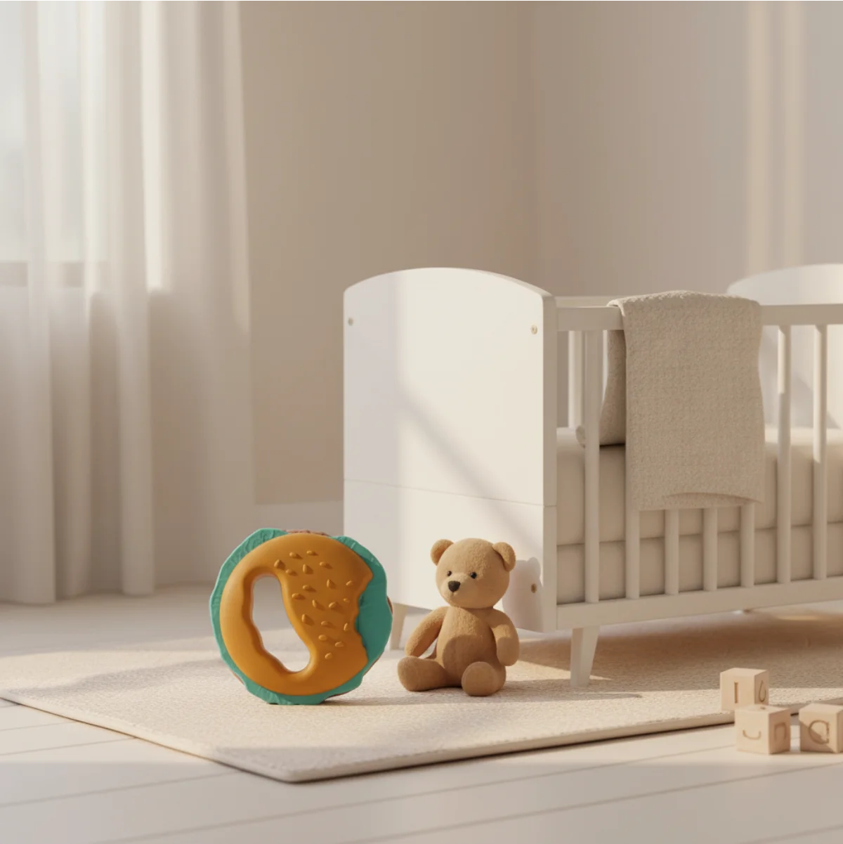 Burger silicone baby teether nursery scene on cream play mat floor beside small brown teddy bear with white cot and sheer curtains in bright white nursery room
