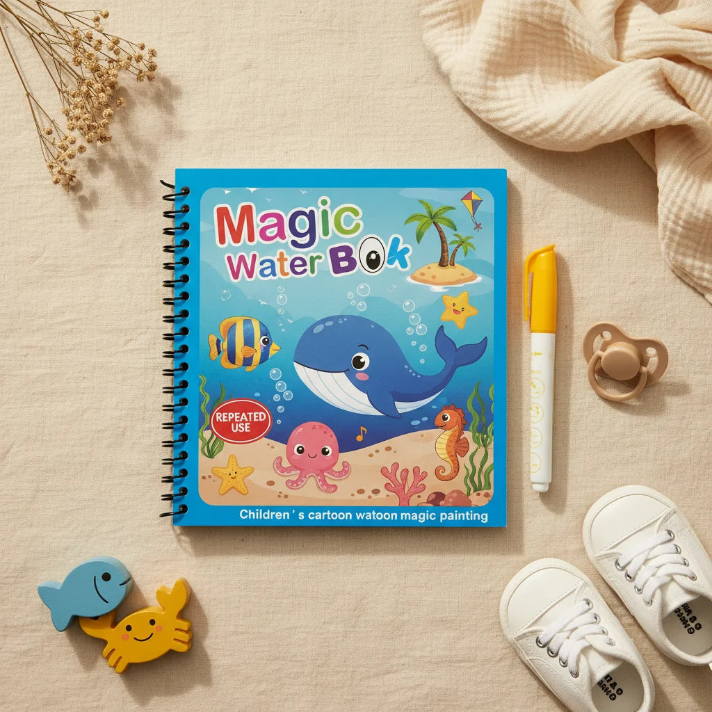 Magic Water Book Ocean theme blue cover showing smiling whale tropical fish octopus seahorse and starfish underwater scene with yellow water pen on linen background with wooden fish and crab toys
