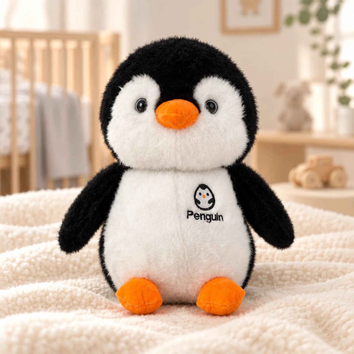 Penguin plush toy in a warm, cozy nursery setting