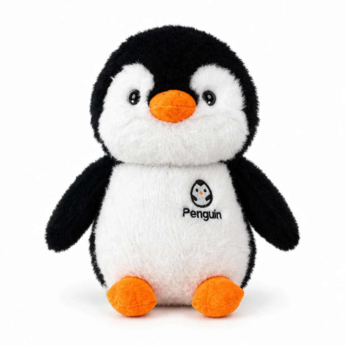 Black-and-white penguin plush with orange beak and feet on a white background