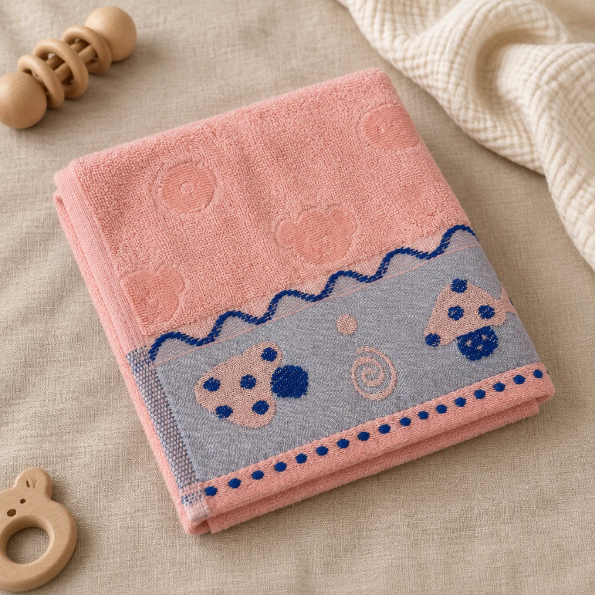 Folded pink baby towel with a blue-gray duck-print border on neutral bedding