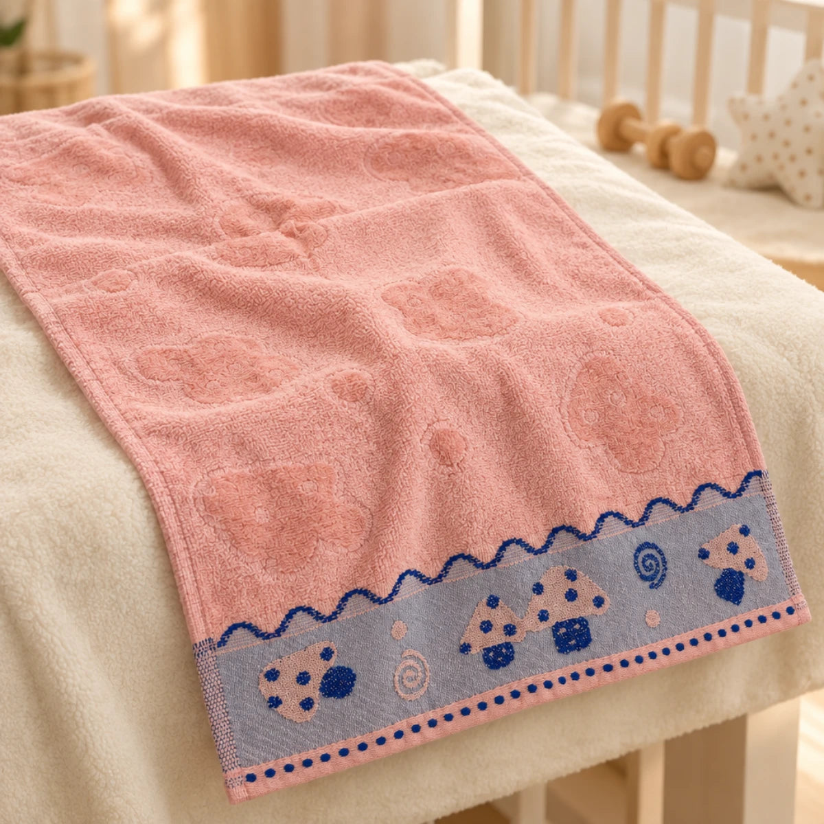 Pink baby towel with blue-gray duck design displayed in a cozy nursery